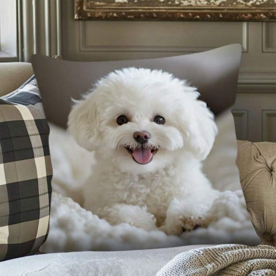 1Pc Cute White Puppy Print Throw Pillow Cover, 17.7*17.7 Inches, Single-Side Print, Suitable For Farmhouse, Living Room, Bedroom, Sofa, Porch, Patio, Outdoor Decor, Machine Washable With Zipper, Not Insert Included - Multicolor - View 1