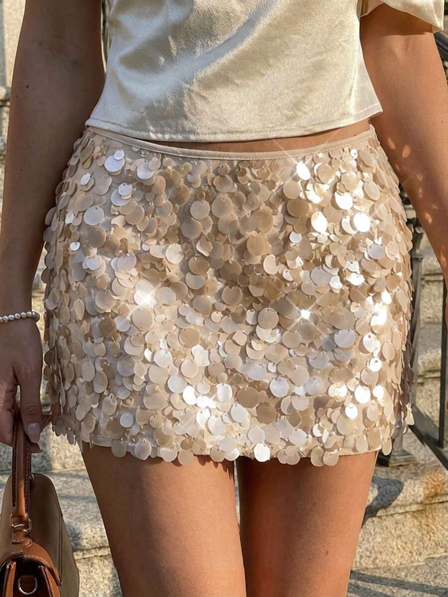 女士优雅香槟色大亮片圆盘迷你裙，时尚性感派对裙 - 杏色 - 查看 1