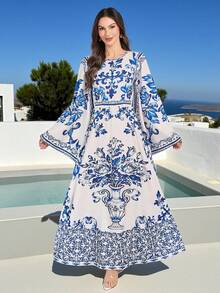 女士优雅印花中长连衣裙 - 圆领，收腰设计，不对称喇叭袖，适合春秋季、节日、日常穿着和假期穿着。 - 寶藍色 - 查看 1