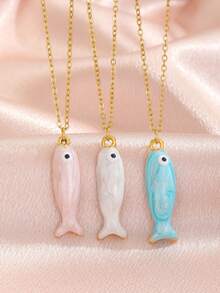 1pc 3-Color Cute Enamel Fish Pendant Necklace, Delicate Gold Chain Summer Beach Vacation Necklace, Lightweight Daily Fashion Jewelry Gift For Girls - Multicolor - View 1