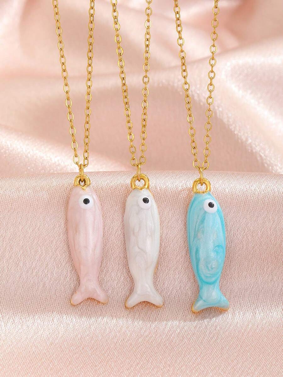 1pc 3-Color Cute Enamel Fish Pendant Necklace, Delicate Gold Chain Summer Beach Vacation Necklace, Lightweight Daily Fashion Jewelry Gift For Girls - Multicolor - View 1
