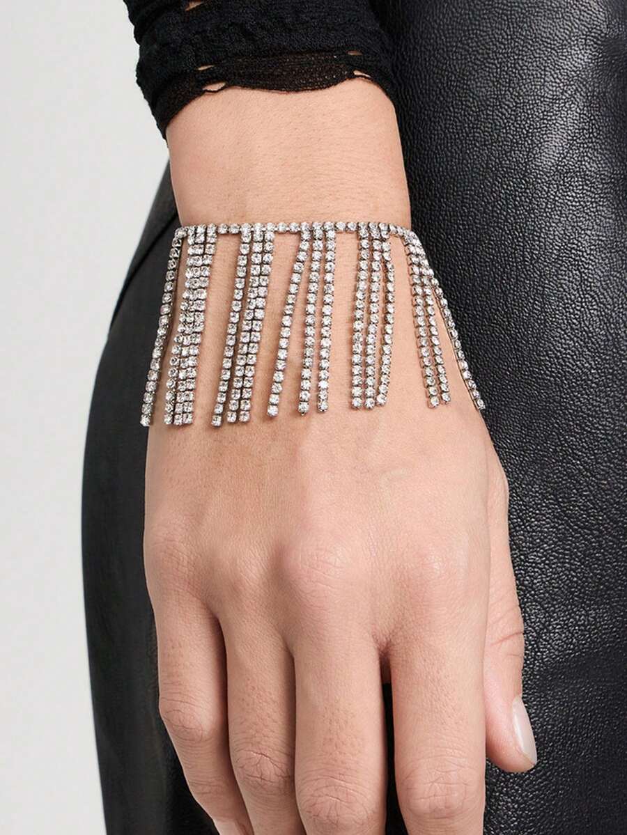 outingfit 1pc Fashion Tassel Bracelet, Ins Style Minimalist Rhinestone Bracelet Accessory For Women - Silver - View 1