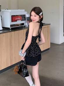 可爱黑色波点吊带背心，夏季设计褶皱修身露背上衣，女士款 - 黑色 - 查看 6