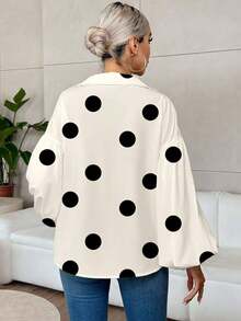 Blusa elegante de manga larga con estampado de lunares para mujer de talla grande, blusa holgada de manga farol de cuello en V, estilo casual de vacaciones de primavera en blanco [estampado aleatorio] - Blanco - Ver 4