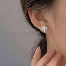 1 Đôi bông tai hình vỏ sò dành cho nữ, đính đá Zirconia siêu nhỏ, phong cách tối giản Hàn Quốc, thời trang, thích hợp cho chụp ảnh trên bãi biển. - Bạc - Xem 4