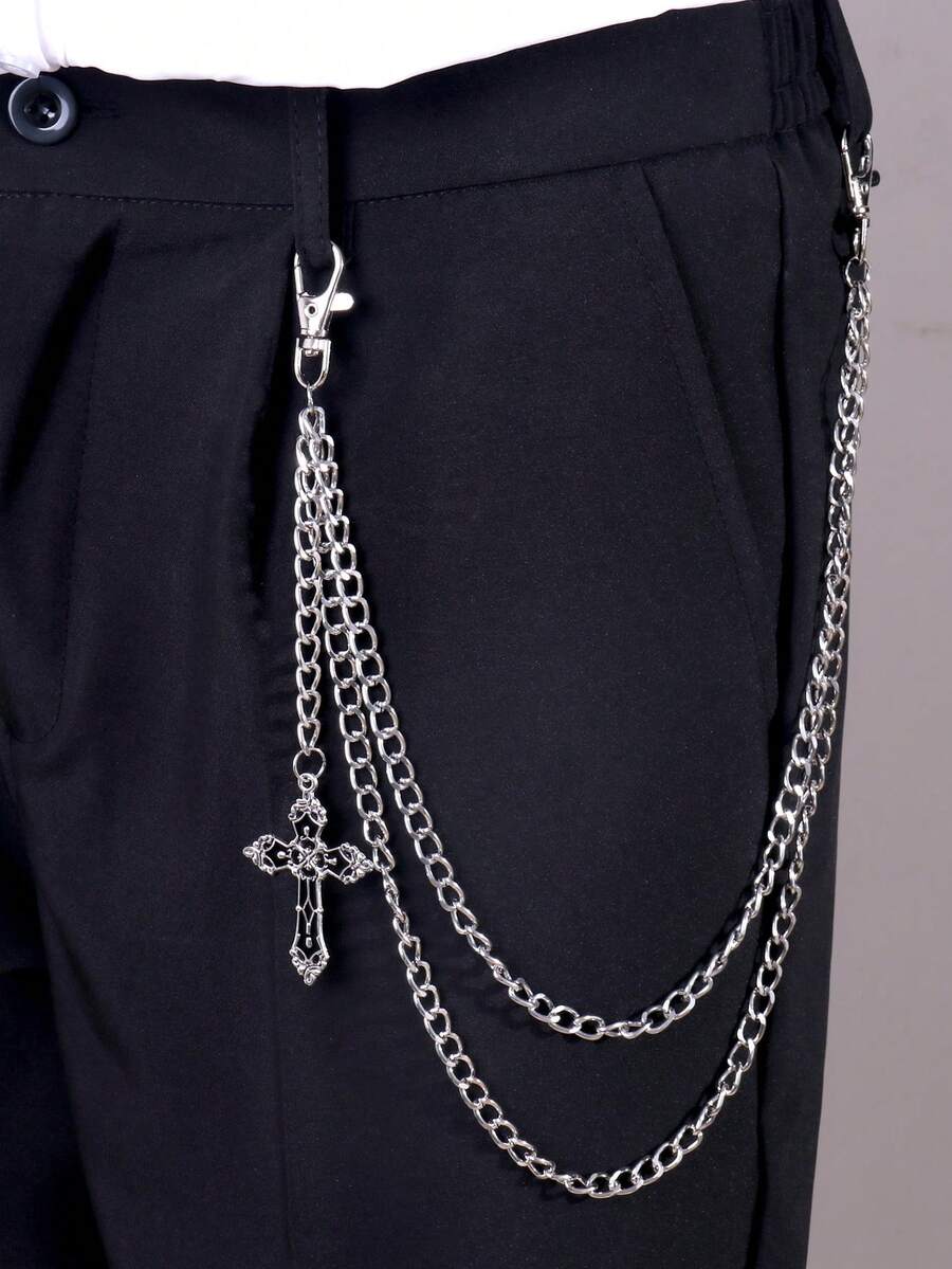 1件原宿风个性化街舞十字架吊坠腰链，多功能双层腰带，适合日常佩戴 - 銀色 - 查看 1