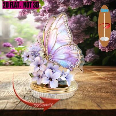1pc 2D Flat Rotating Acrylic Decor With Soft Pink Lilac Flowers, Light Purple Lavender Butterflies And White Lilies - Accented With Gold And Diamond, 360° Rotating Base, No Electricity Needed For Coffee Table, Bedroom, Living Room Decor - Seasonal Holiday Home Decor, Butterfly Room Decoration, Diamond Accented Floral Design, Delicate Craftsmanship, 2D Flat