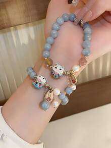 2条/1条招财猫手链，配仿蓝水晶陶瓷猫吊坠，风水好运饰品，女士招财保佑手链 - 藍色 - 查看 5
