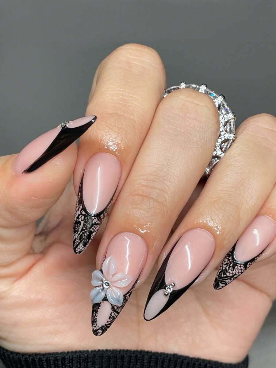 Juego de 24 uñas postizas largas y puntiagudas de acrílico con diseño francés negro con encaje, flores de gel 3D y rhinestones brillantes. Perfectas para bodas, citas y fiestas. El kit portátil de uñas falsas incluye pegatinas adhesivas de gelatina y una lima de uñas mini. - Multicolor - Ver 1