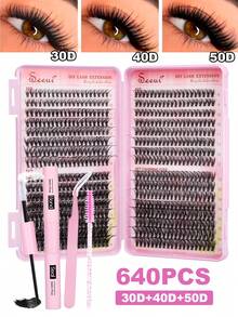 640pcs D-Curl Fluffy False Eyelashes Set, Including Dense 3D Segmented Lashes, Glue, Tweezers, Lightweight & Reusable, Large Capacity Personal Lash Kit, Soft & Natural, Create 3D Volumized Eye Makeup, Suitable For DIY At Home, Travel, Daily Commute, Parties, Weddings, Bridal Makeup - Black - View 1