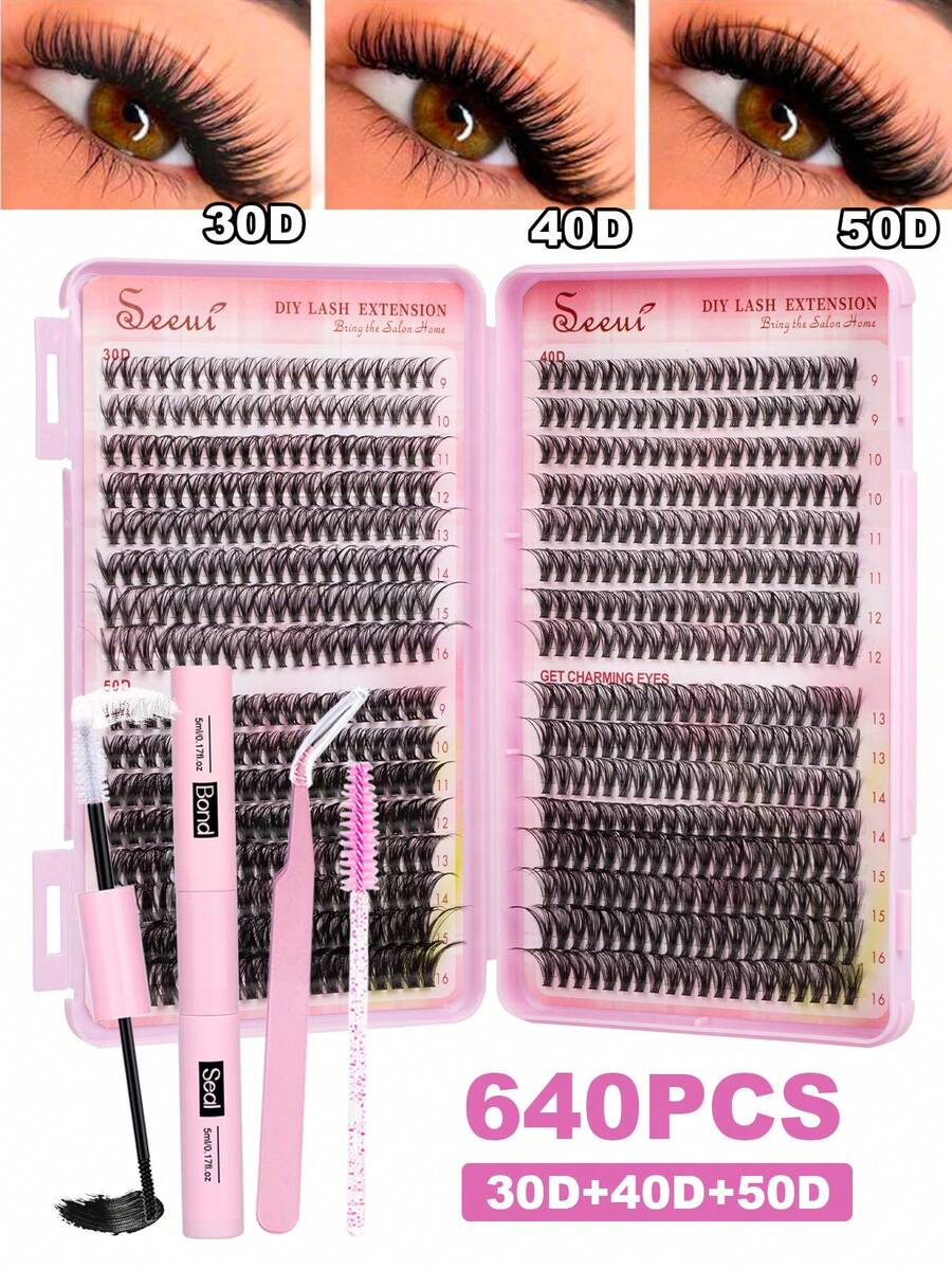 640pcs D-Curl Fluffy False Eyelashes Set, Including Dense 3D Segmented Lashes, Glue, Tweezers, Lightweight & Reusable, Large Capacity Personal Lash Kit, Soft & Natural, Create 3D Volumized Eye Makeup, Suitable For DIY At Home, Travel, Daily Commute, Parties, Weddings, Bridal Makeup - Black - View 1