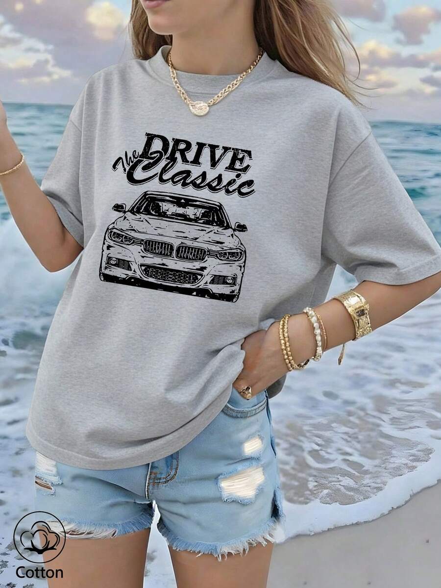 Vintage DRIVE Classic Model Print Women's Summer Loose Casual Round Neck Short Sleeve T-Shirt, Soft And Comfortable, Y2K Style, Suitable For Spring, Summer, Valentine's Day, Carnival, Party, Beach, Wedding, Gym, Elegant, Vacation - Grey - View 1