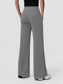 Sodalemon Women's High Waist Elastic Waist Fitness Pants With Side Pockets, Stretchy Slimming Yoga Straight Leg Casual Pants - Grey - View 3