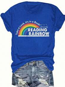 Women's T-Shirt Fitted Tops Print Y2K Crew Neck Tee-Plus Size - Women'S Red T-Shirt - Reading Rainbow Graphic Tee With Book Design - Casual Everyday Shirt For Teachers, Book Lovers - Valentine'S Day & Back To Outfits - Soft Everyday Top, Teacher Apparel, Playful Design, Comfortable Fit-Summer Festival Fashion,  Adult Heavyweight T-Shirt - 藍色 - 查看 13