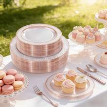 2pcs Transparent Rose Gold Rim Plate Set, Includes 7.5" Dessert Plate/10.25" Dinner Plate, Minimalist, Modern, Easy To Clean, Reusable, Suitable For Birthday Parties, Valentine's Day Dinners, Ramadan, Weddings, Family Gatherings, Outdoor Picnics, Camping And More - Multicolor - View 6