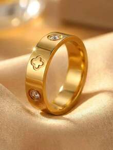 Bộ 3 nhẫn hình cỏ bốn lá bằng thép không gỉ mạ vàng 18K, đính đá lấp lánh, chống thấm nước và phai màu, thích hợp cho nữ giới đeo hàng ngày, quà tặng ngày Valentine, thanh lịch và tinh tế. - Bộ ba món - Xem 5