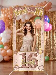 1个巨型甜美16岁生日派对相框 - 玫瑰金闪光装饰16岁生日派对背景，适用于自拍区、甜品桌装饰和生日相册 - 彩色 - 查看 10