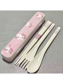 SANRIO 可爱猫咪造型学生筷子套装，ABS树脂材质，3件套便携餐具套装带收纳盒 - 彩色 - 查看 9