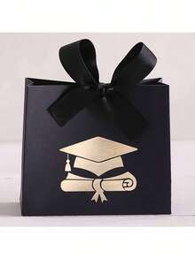 Graduation Gift Bag - Black Ribbon And Gold Graduation Cap/Diploma Gift Box; Black Graduation Party Favors And Decorations (With Gold Diploma Pattern). Available In Red, White, Black And Green (Sold Individually Or As A 4-Piece Set With Candy Box). Ideal For Graduation Party Decor And Seasonal Decoration. - Multicolor - View 8
