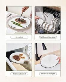 Dinnerware Set 18-Piece, Porcelain Service 6, Plate Set With Modern Raised, Microwave & Dishwasher , White CDPY - Màu trắng với viền đen - Xem 7