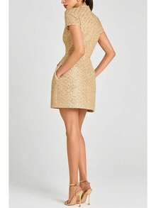 Elegant Women's Gold Woven Fabric Formal Dress With Short Sleeves And Pearl Button Detail Stand Collar Mini Dress - 卡其色 - 查看 6