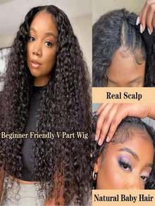 V Part Wig Human Hair Deep Wave Human Hair Wig Upgrade Glueless U Part Human Hair Wig For Women No Leave Out No Sew In 180 Density Natural Black Color 44inch - 自然色 - 查看 3