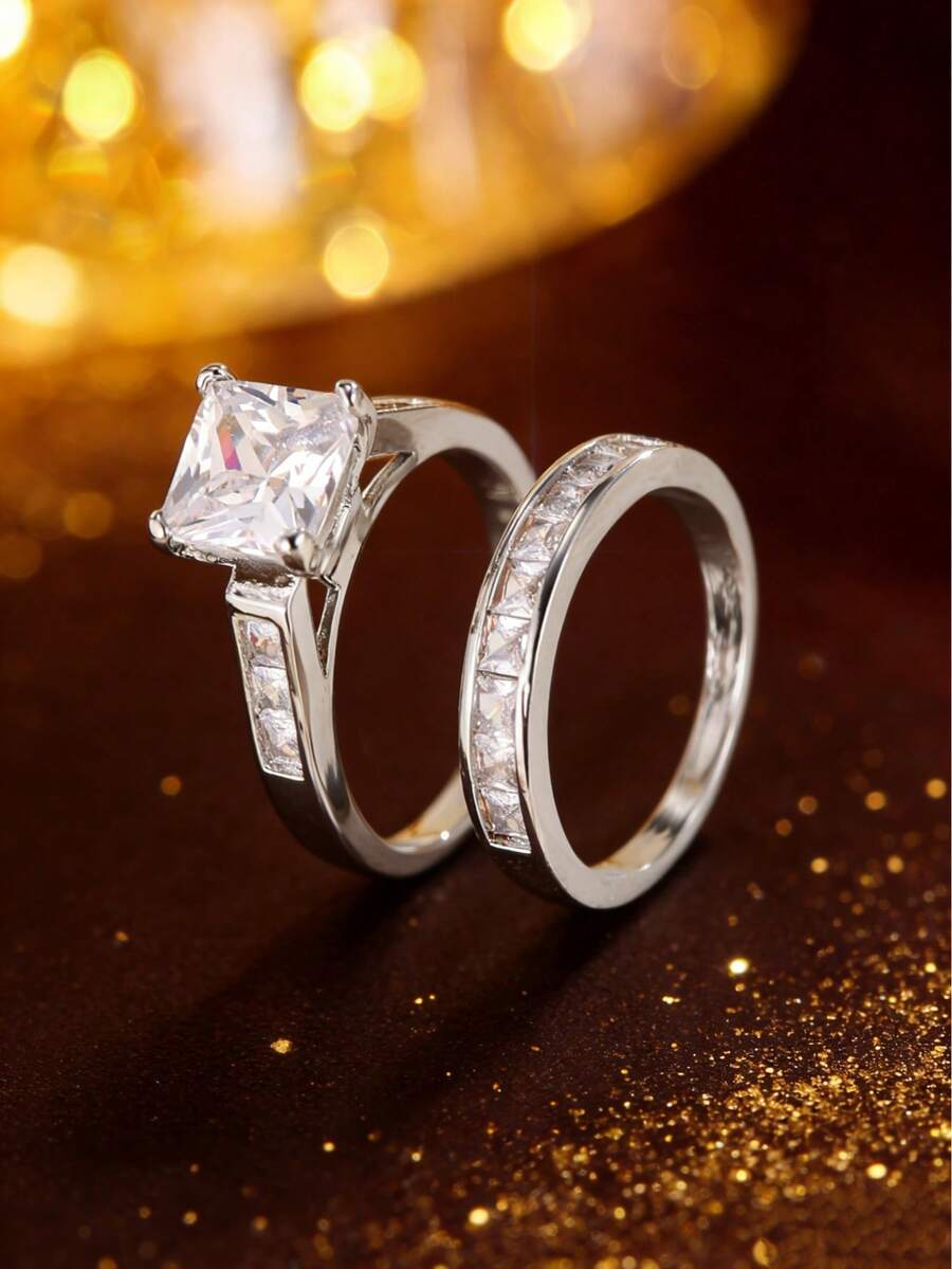 2pcs Luxury Princess Cut Main Stone Ring Set, Micro-Inlaid Zirconia Niche Design Engagement Rings - Ring Set - View 1