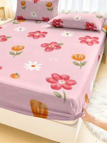 粉色花朵图案床笠，防滑床垫套，柔软卧室床单 - 彩色 - 查看 5