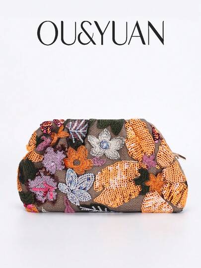 Sequin Embroidered Floral Pleated Clutch Bag, Women's Casual Clutch Bag, Fashionable And Glamorous Evening Bag, Suitable For Holiday Parties And Commuting (Pattern Placement Random), Shiny Sequin Bag, Elegant Women's Fashion Clutch , Sequin