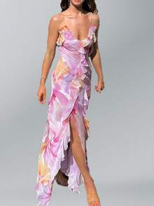 French Print Dress With Straps, Ruffles And An Irregular Cut For Spring - Purple - View 9