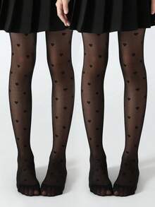 2 piezas Medias enterizas ajustadas de patrones de Jacquard con corazones en 3D para niños, medias de red - Negro - Ver 6