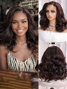 16 Zoll schwarze lockige wellige Synthetik-Lace-Front-Perücke, geeignet für Anfänger, hitzebeständig, verwendbar für Musikfestivals, Alltagstragen, Familienfeiern, Feiertage, Partys, Valentinstag und andere Anlässe - Kaffeebraun - Übersicht 1