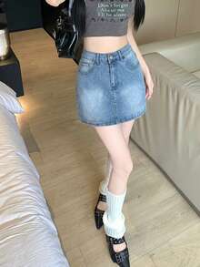 中腰蓝色休闲A字修身牛仔迷你裙，适合夏季日常穿着。 - 藍色 - 查看 8