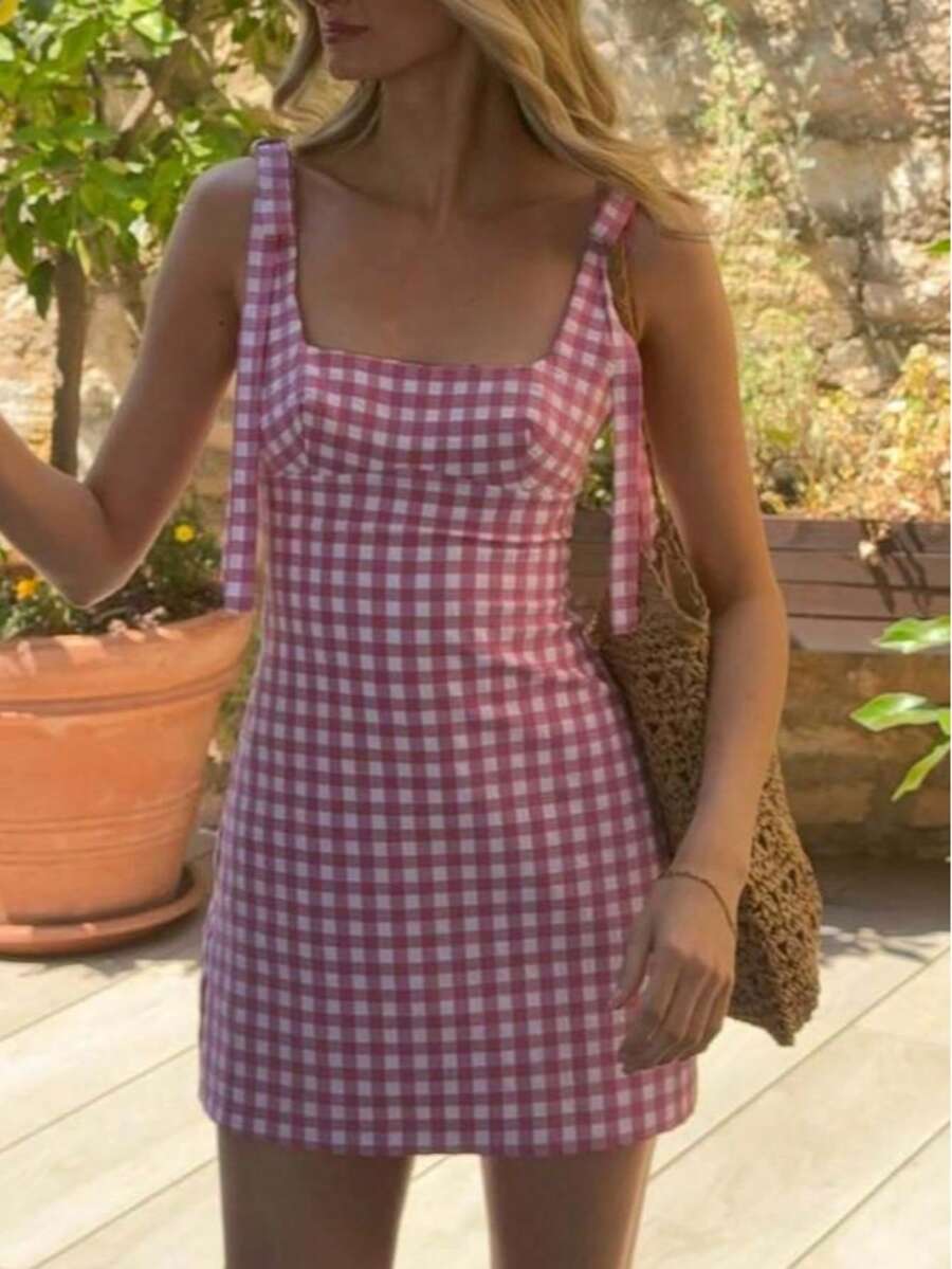 Seelio 夏季新款女士蝴蝶结装饰迷你格子印花连衣裙，优雅粉色 - 粉色 - 查看 1