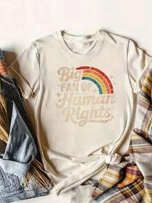Women's Reading Rainbow Graphic Tee With Book Design Tee, Soft, Heavyweight, Fitted Fit, Print, Graphic, Design, Book, Rainbow Print, For Casual - 杏色-2 - 查看 17