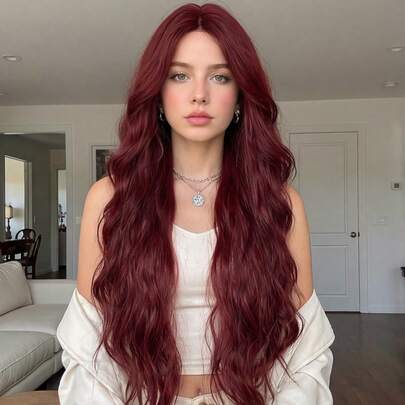 长款波浪卷发合成假发，带刘海，采用耐热自然发丝制成，适合女性日常佩戴、派对、角色扮演及其他场合。