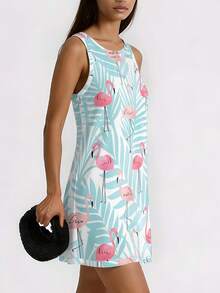 Women's Light Blue Base Flamingo & Palm Leaf Print Sleeveless Tank Dress, Loose A-Line Mini Dress, Summer Fresh Casual Dress - Multicolor - View 7