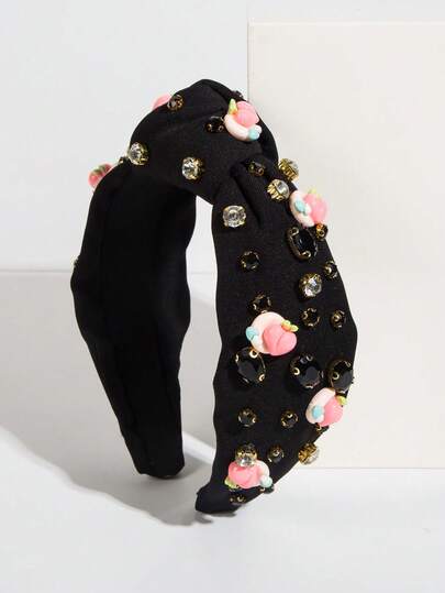 1pc Black Fabric Knotted Wide Headband, Handcrafted With Luxurious Beaded Heart Decor, Sweet & Charming Accessory For Party, High-Quality Hair Hoop