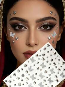 1pc/2pcs Gold & Silver Heart Butterfly Round Clip-On Fake Nose Stud, With Self-Adhesive Rhinestone, Non-Piercing, 3-6mm, Comes With Glitter Butterfly, DIY Design, Body Jewelry, Face Sticker Suitable For Eyebrows, Lips - Gold - View 6