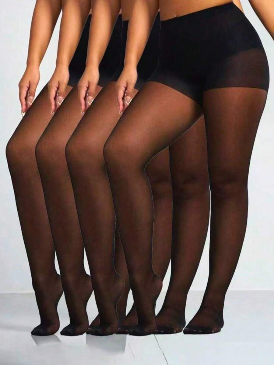 4双装女士性感透明黑色连裤袜，时尚简约，舒适透气 - 黑色 - 查看 1
