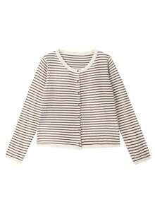 Áo khoác cardigan dệt kim kẻ sọc cho nữ, thiết kế mới độc đáo, áo len mỏng cổ tròn tay dài, chất liệu vải ngẫu nhiên. - Màu be - Xem 8