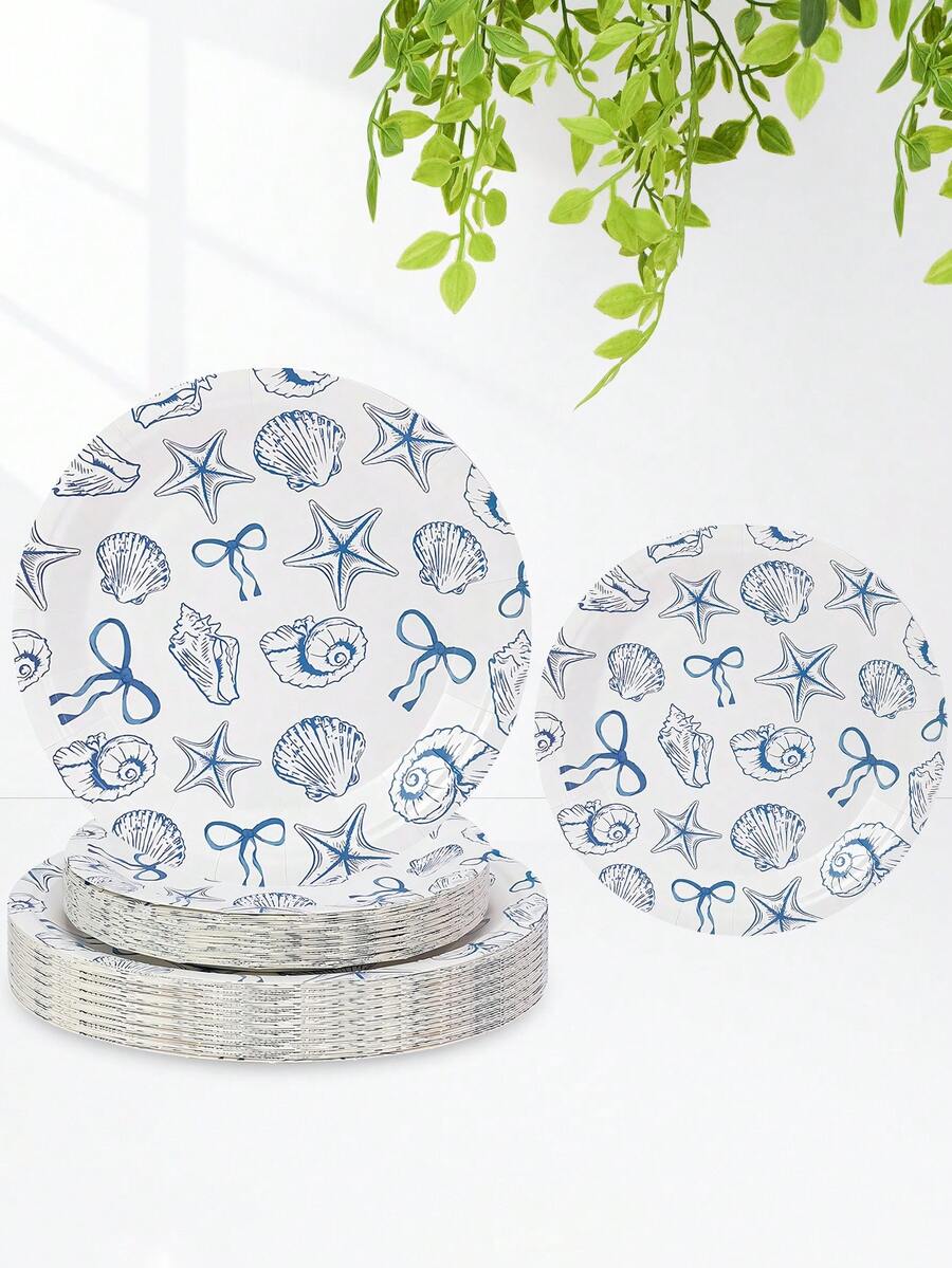 Bộ 10/20/30 chiếc đĩa ăn hình vỏ sò nơ xanh dương 7/9 inch, đĩa ăn tối chủ đề đại dương, đĩa tráng miệng chủ đề biển cả, sao biển, vỏ sò, đồ dùng tiệc tùng cho sinh nhật, lễ tốt nghiệp, sự kiện theo chủ đề dành cho nam và nữ. - Nhiều màu - Xem 1
