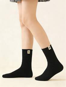 4 Pairs Random Brown Tone Socks, Korean Style Polka Dot Sheer Rabbit Cartoon Casual Mid-Calf Socks, Versatile - Multicolor - View 3