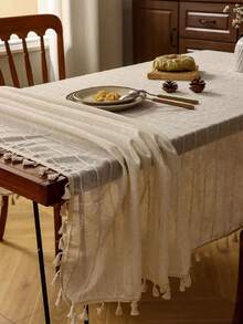 1pc American Retro Minimalist Polyester Linen Tassel Tablecloth, Heat-Resistant Rectangular Tablecloth Suitable For Kitchen, Dining Table, Coffee Table, TV Cabinet, Family Gathering, Outdoor Picnic - Multicolor - View 2
