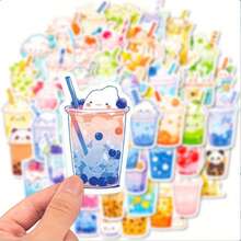 50张可爱动物奶茶贴纸，涂鸦装饰贴纸，适用于水瓶、汽车杯子、电脑、吉他、自行车、摩托车、滑板、头盔、行李箱、日记本等，DIY剪贴簿贴纸套装，男孩女孩礼物 - 方形 - 查看 8