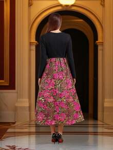 DEVCHATA Vestido largo de manga larga con cuello redondo, estampado floral jacquard y falda amplia, diseño de patchwork adecuado para fiesta, vacaciones, cita (patrón floral aleatorio) - Multicolor - Ver 2