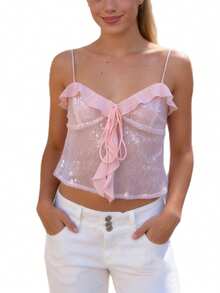 Camiseta sin mangas para mujer, elegante, con lentejuelas, escote en V y tirantes finos. - Rosa - Ver 3