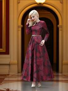 DEVCHATA Đầm maxi dài tay cổ tròn dáng rộng xòe rộng, chất liệu jacquard, kiểu dáng cổ điển sang trọng, tôn lên vẻ quyến rũ và quý phái, hoàn hảo cho các buổi hẹn hò, ngày lễ (Họa tiết hoa ngẫu nhiên), (Không kèm thắt lưng) - Đỏ - Xem 4