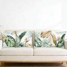 4件套热带植物印花抱枕套，龟背竹叶和棕榈叶装饰抱枕套，营造氛围的家居装饰枕套，适用于客厅和卧室沙发，涤纶面料，单面印花，拉链封口，可机洗，不含枕芯 - 淡綠 - 查看 4