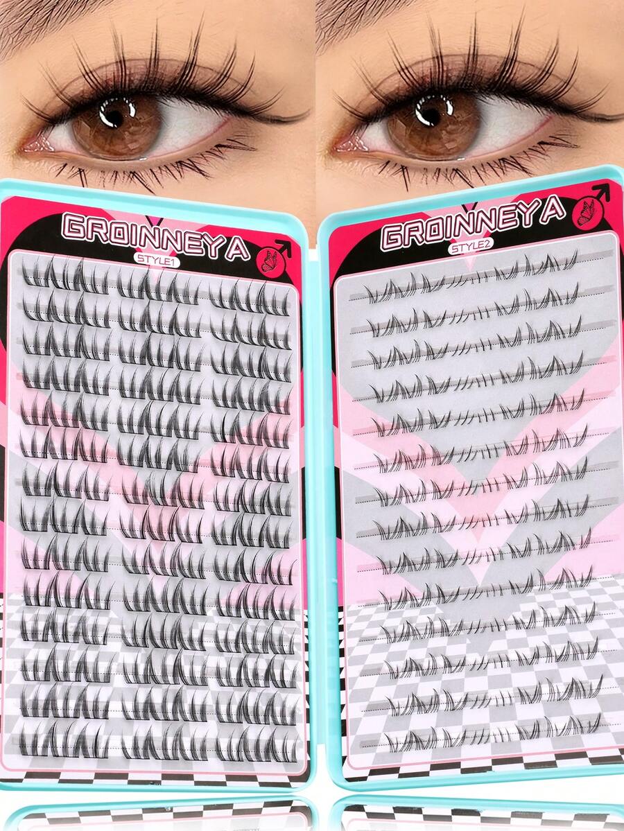 GROINNEYA 13排仙女单根假睫毛 2种款式混合托盘 3D立体尖刺效果假睫毛簇 奢华轻盈簇状假睫毛 上睫毛和下睫毛 透明带仿貂毛假睫毛 DIY假睫毛套装，打造独特妆容，适合任何场合 - C - 查看 1